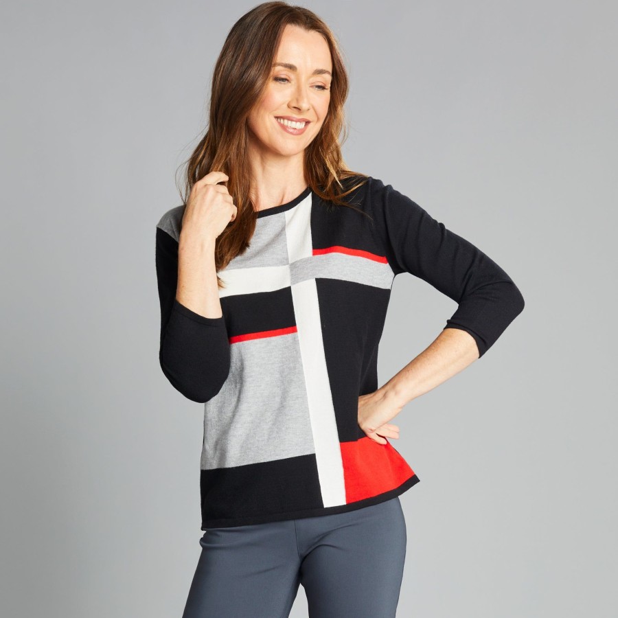 Tops Emreco Jumpers | 3/4 Sleeve Colour Block Jumper Black/Grey