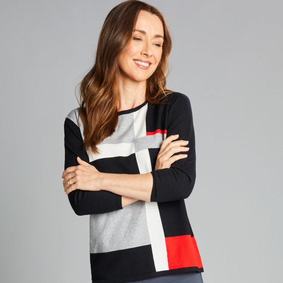 Tops Emreco Jumpers | 3/4 Sleeve Colour Block Jumper Black/Grey