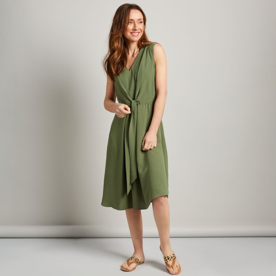 Dresses & Jumpsuits Emreco Midi | Tie Front Sleeveless V-Neck Midi Dress Khaki