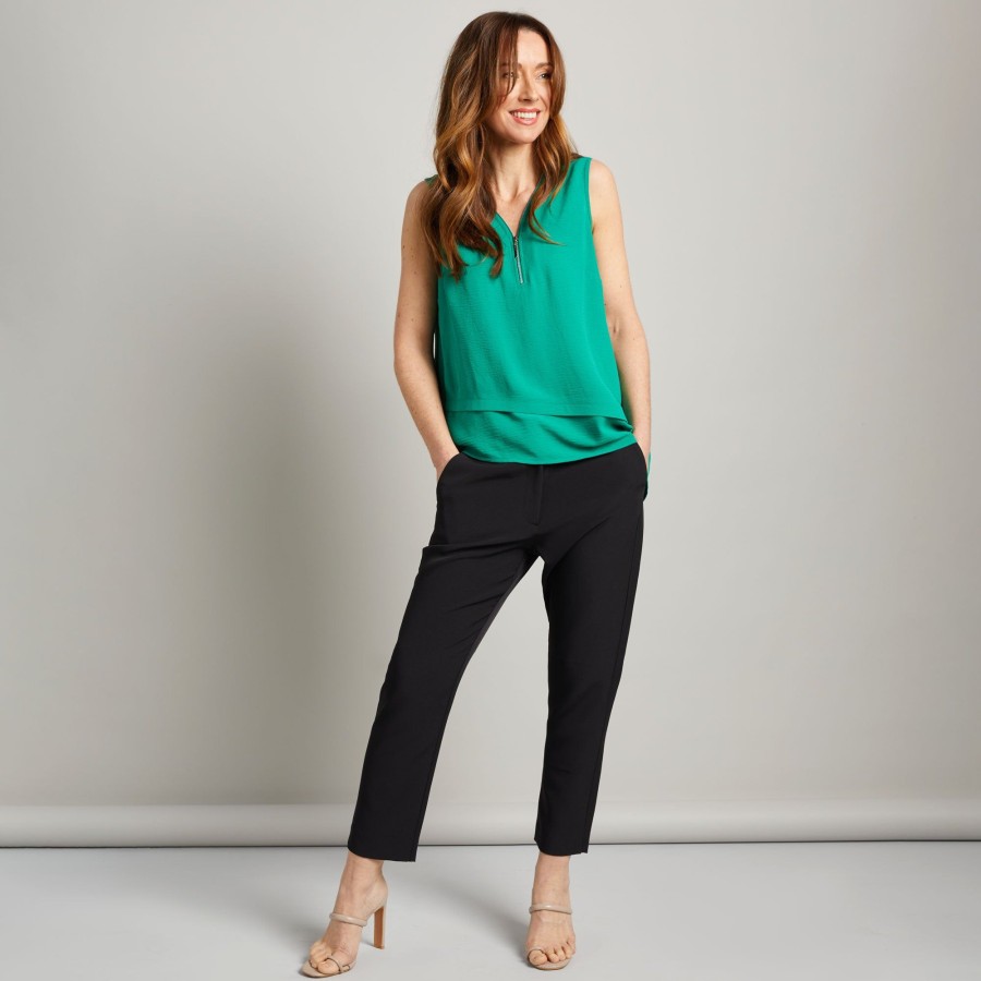 Tops Emreco Shirts & Blouses | Asymmetric Sleeveless Zip V-Neck Top Emerald