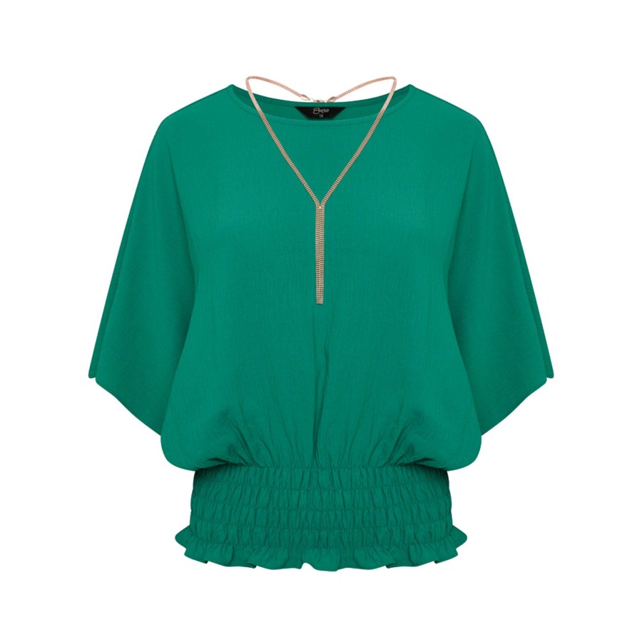 Tops Emreco Shirts & Blouses | Angel Sleeve Shirred Blouse Top Necklace Emerald