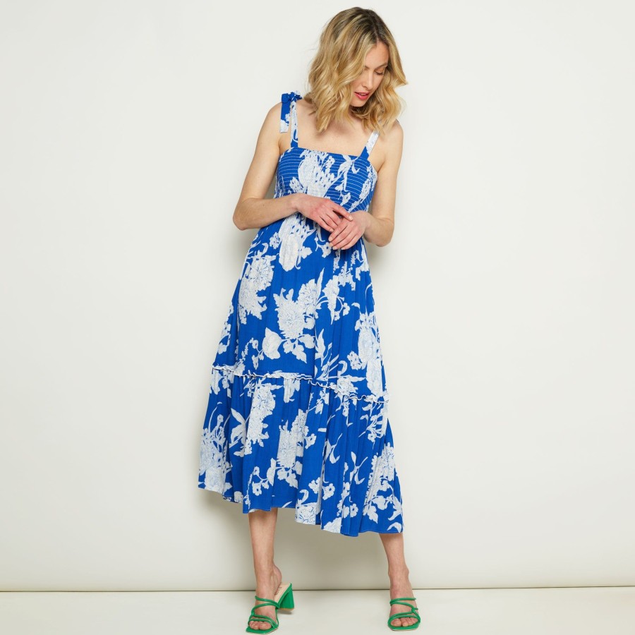 Dresses & Jumpsuits Emreco Midi | Floral Print Tie Shoulder Midi Dress Blue / White