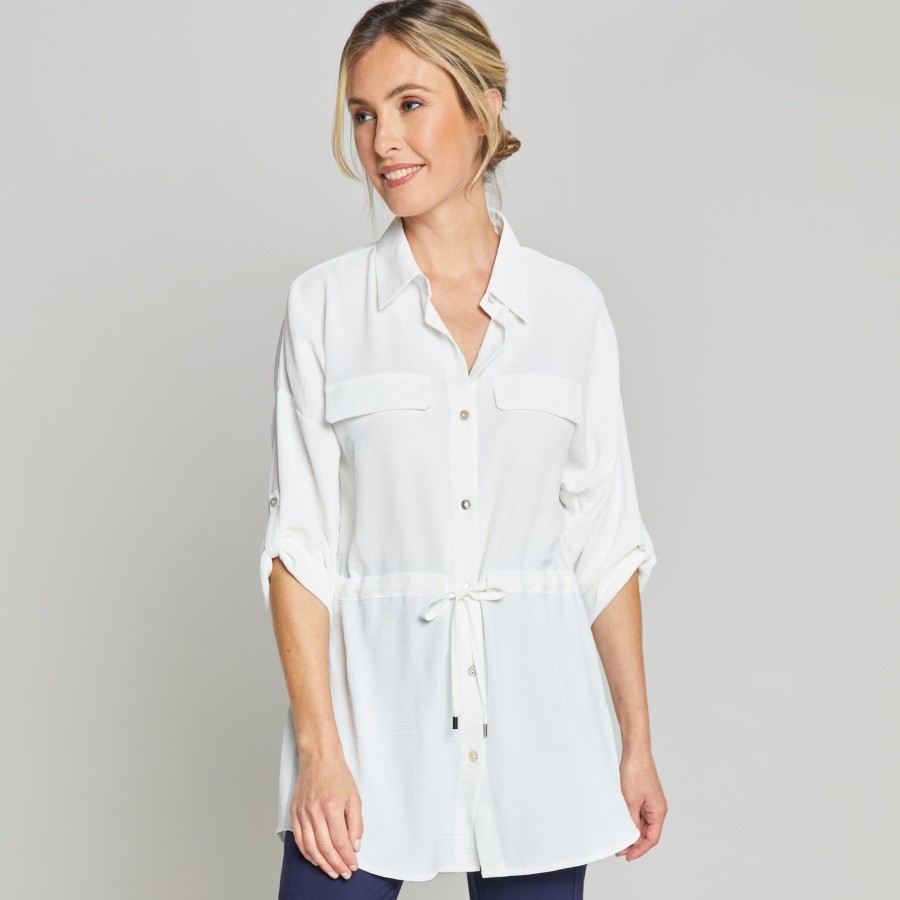 Tops Emreco Shirts & Blouses | Roll Sleeve Tie Waist Tunic Shirt Ivory