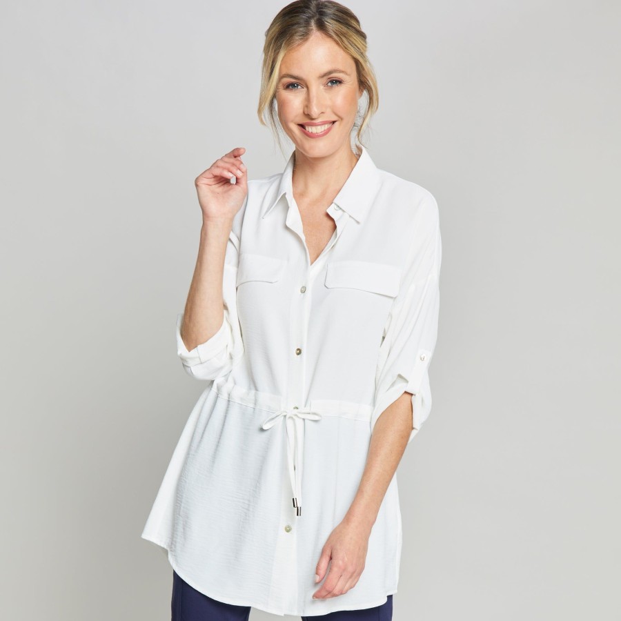 Tops Emreco Shirts & Blouses | Roll Sleeve Tie Waist Tunic Shirt Ivory