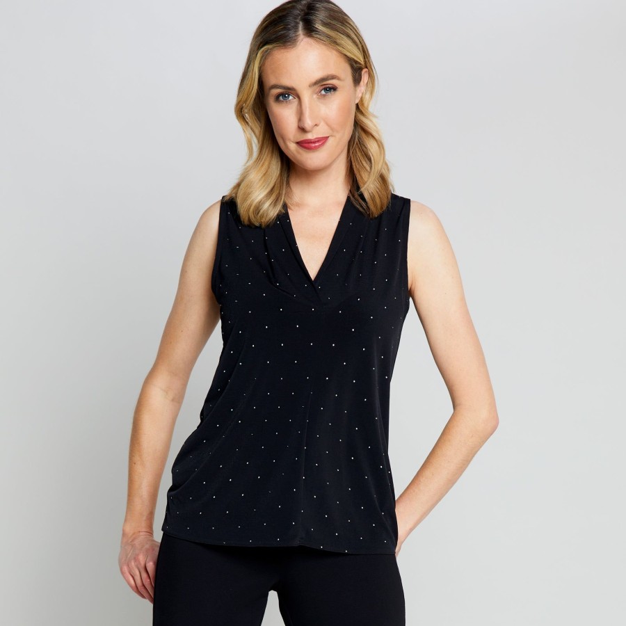 Tops Emreco Sleeveless | Sleeveless Stud Pleat Front Vest Black